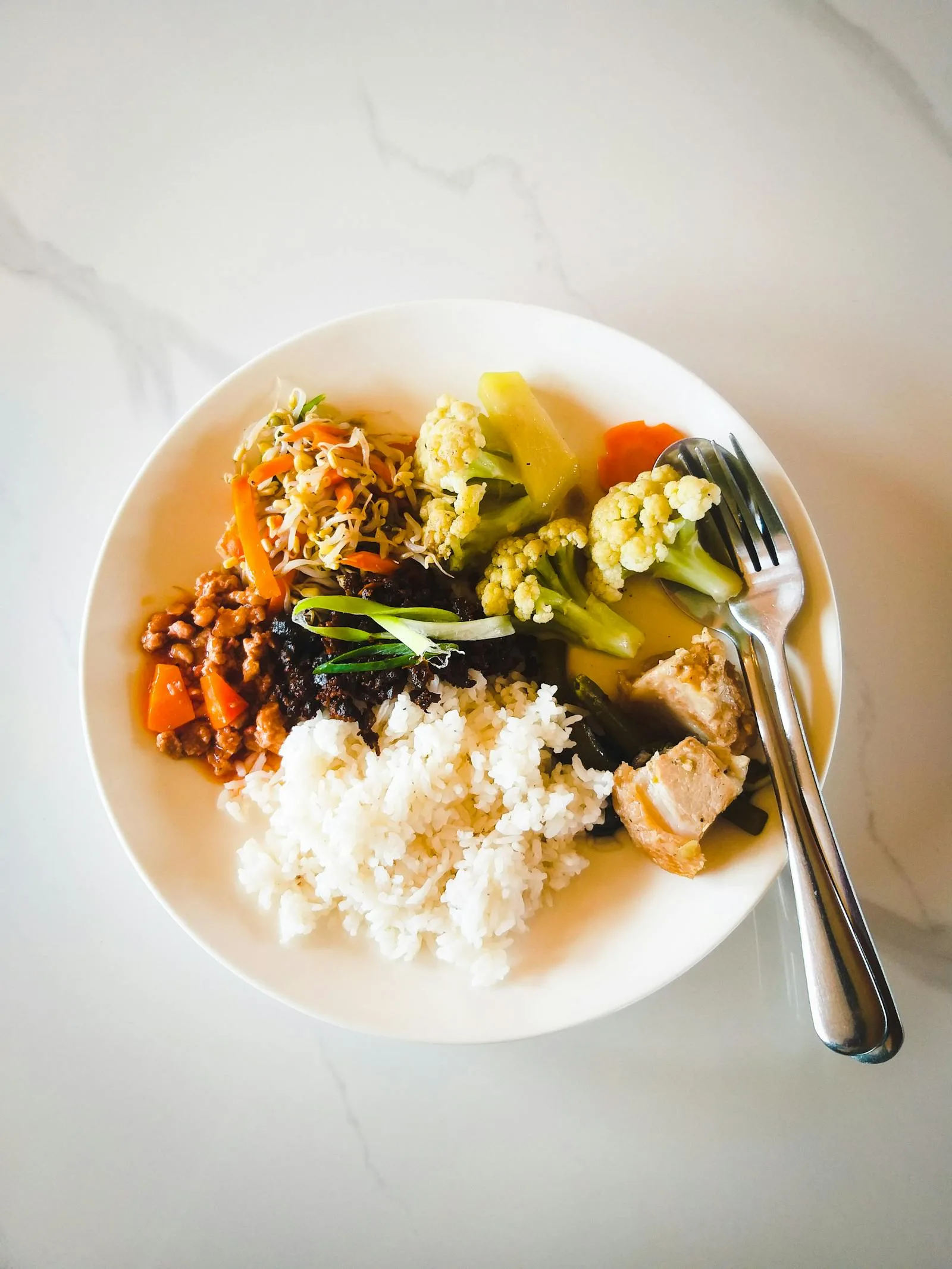Colorful balanced meal with rice and vegetables for nutrition habits.