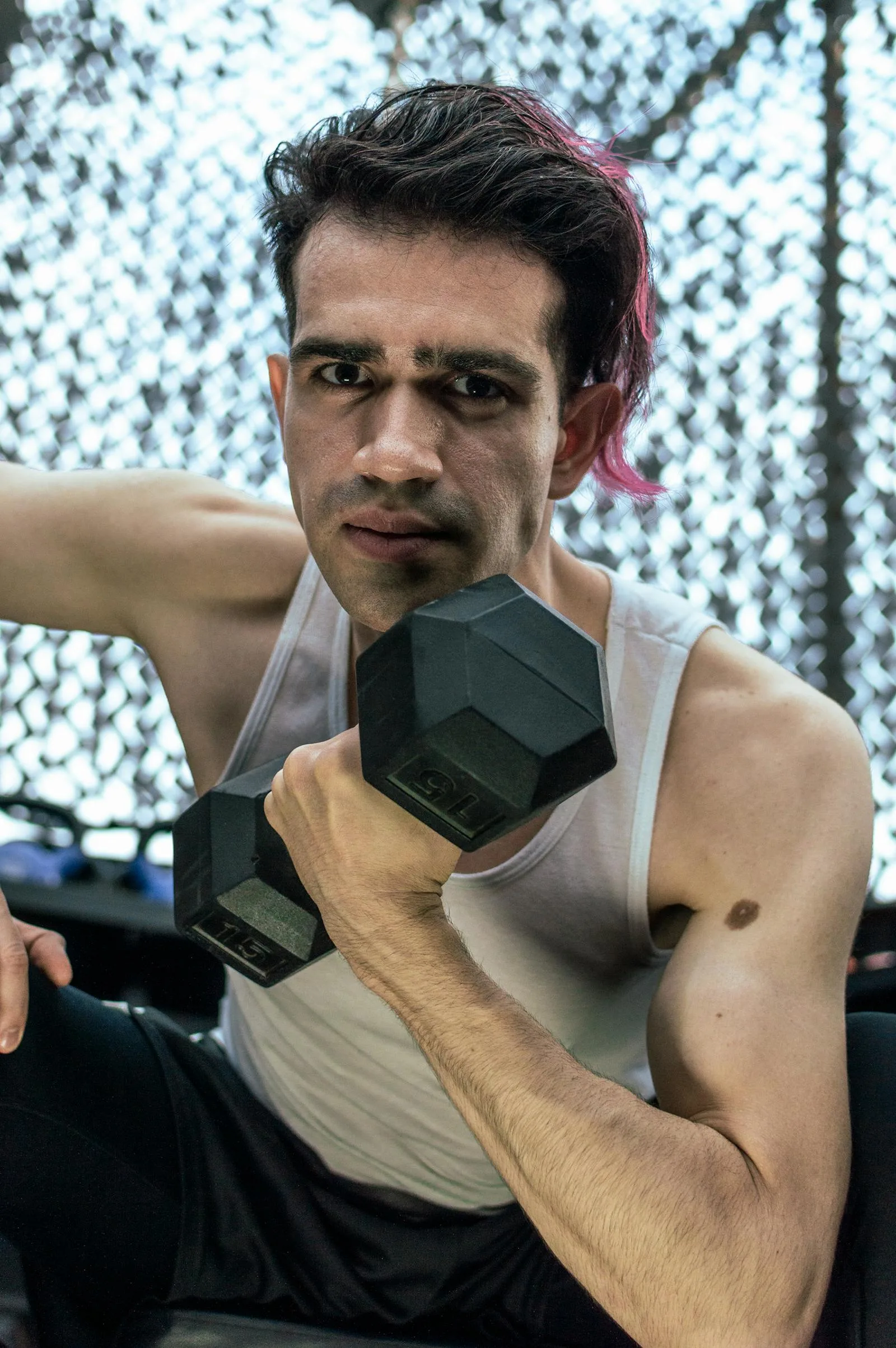 Gym dumbbell exercise used to show repeatable muscle-building training.
