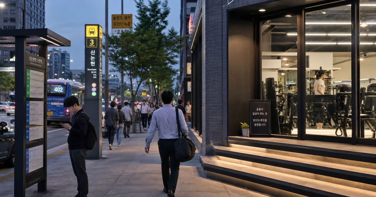 Evening Seoul street scene used for workout routine and commute planning.